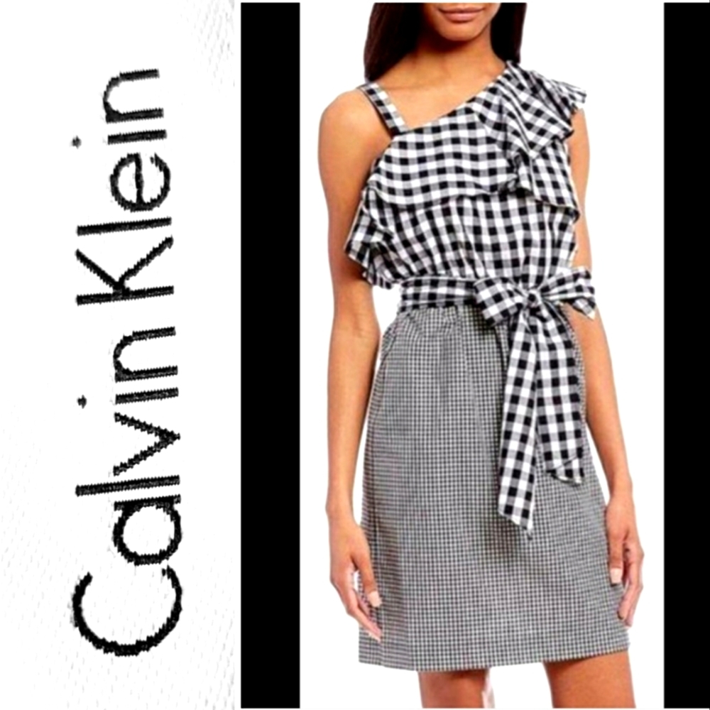 Calvin Klein Cold Shoulder Black /White Gingham Dress